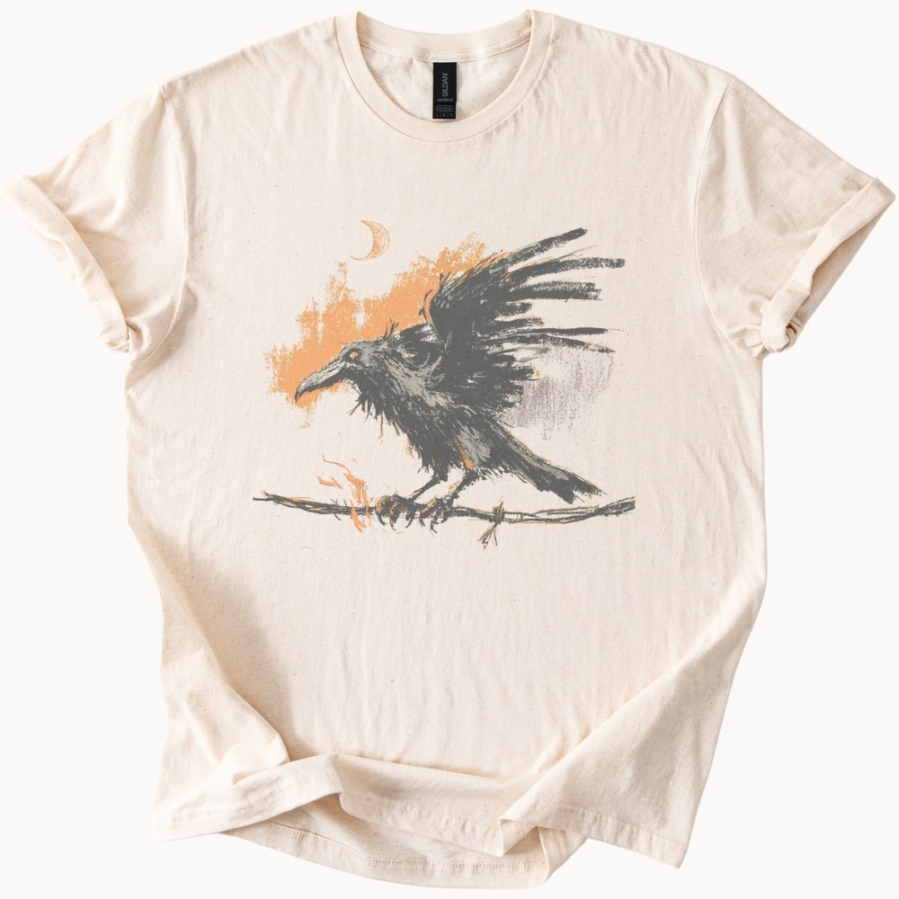 Black Bird Splatter Graphic Tee Moon Branch Art Design